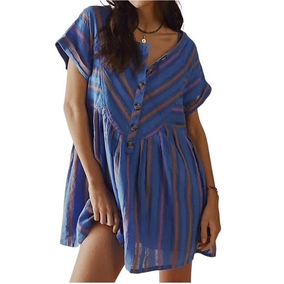 Free People Mini Robe Claire Striped Button Short Sleeve Dress Pockets Sz XS - Picture 1 of 6